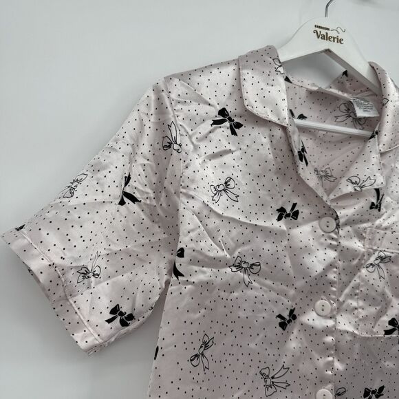 Exit 51 Vintage Pink Satin Bow Pajama Top Polka Dot Size Small - Picture 2 of 7